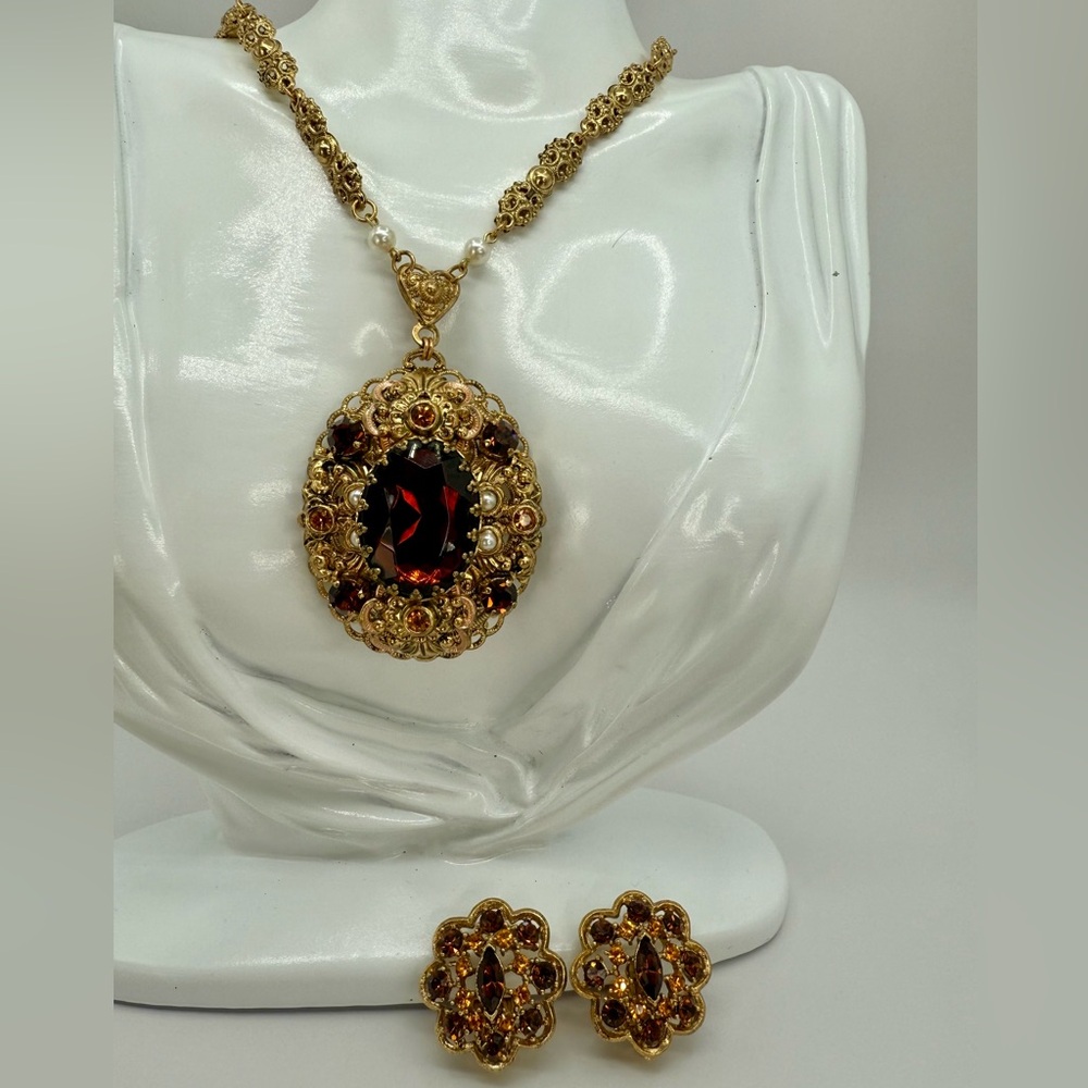Vintage West Germany Gold Filigree Pendant Necklace Amber Rhinestones & Earrings